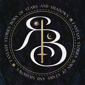 A circular logo with a stylized R and B, connected by a line made from a sword. The tagline reads "Stories born from stars and shadows."