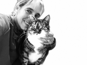 S.Funk with Miss Kitty, her muse.