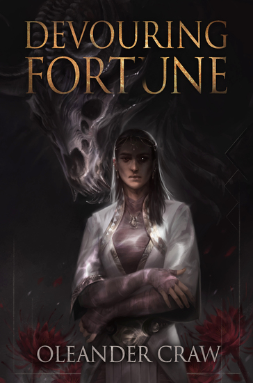 Devouring Fortune book cover featuring a priestess with arms crossed and a giant skeleton peering over her shoulder.