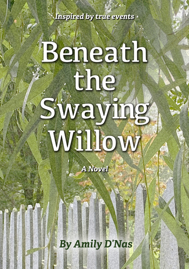 Branches of a weeping willow tree cascading down over a white picket fence. 