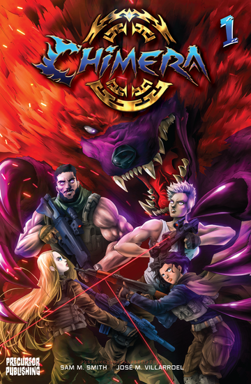 Four super-soldiers encircled by the claws of a tank-sized Chimera, a lionlike dragon beast