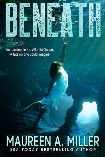 Young woman swimming up from the ocean depths. Title: BENEATH