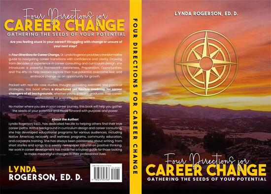 "Jpg of cover art for Four Directions for Career Change; Orange Sunrise in mountains with Gold compass"