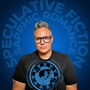 Author photo with text around head stating speculative fiction and sapphic romance