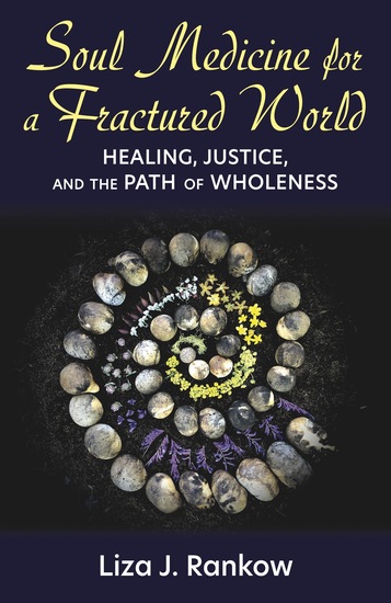 The central image is a photograph of a spiral constructed with small stones and flowers agains a background of dark soil. The book title is at the top in yellow script, with the subtitle and author's name in white. The background is a very dark purple.