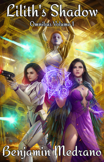 A golden-haired superheroine with blue lips creates a golden shield around a brunette in a purple dress who wears silver jewelry and a woman in armor with red-streaked black hair who is holding a pistol.