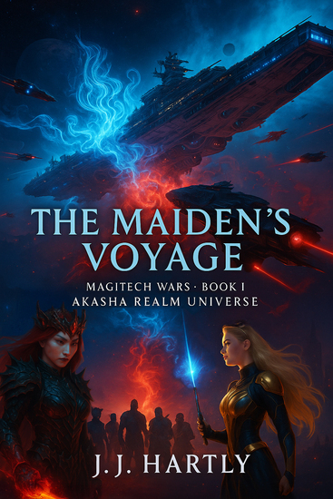 Faybel Vala versus Queen Lamia Morta with magitech with starships and planets in the background