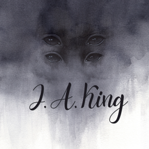 A black and white watercolor painting of four eyes and the words "J. A. King"