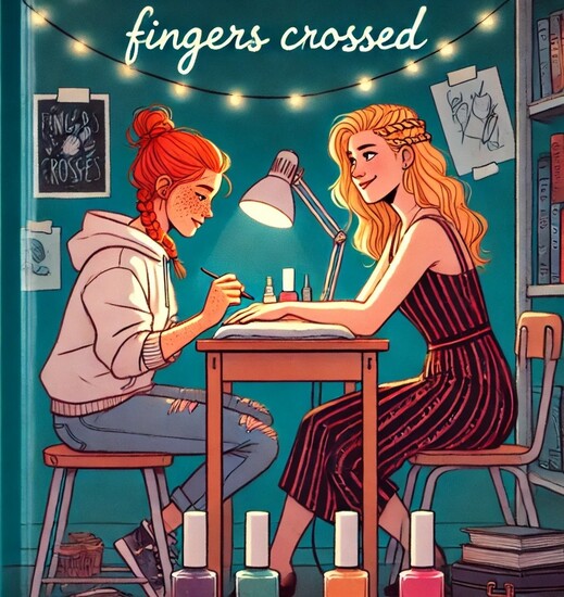 Illustrated scene of two young women sitting across from each other at a small table in a cozy dorm room, one painting the other’s nails under a desk lamp. The red-haired woman with freckles wears a hoodie and jeans, focused on the manicure, while the blo