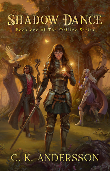 Cover of Shadow Dance, written by C. K. Andersson. The cover shows a woman with brown hair dressed in armour, holding a sword, a man dressed in a long coat with three eyes with a white raven and an elf dressed in armour holding a sword.