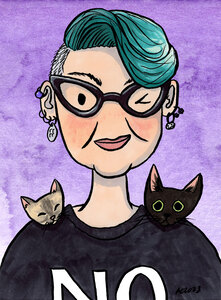 cartoon of a white person with blue hair and black glasses, with a cat peeking over each shoulder