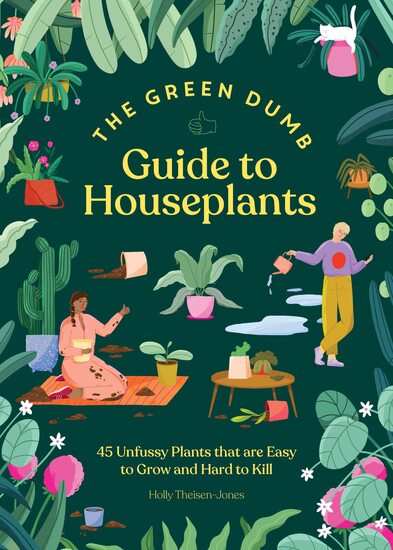 A green book cover with illustrations of a woman potting a plant, a young man watering a plant while scrolling on his phone, and a cat hiding in a plant container