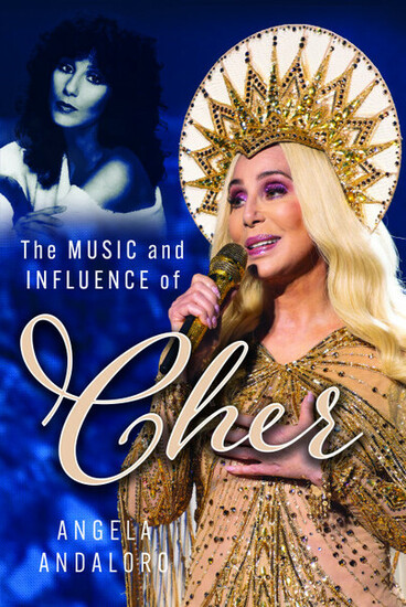 Photo of the cover of "The Music and Influence of Cher" by Angela Andaloro where Cher wears a large gold headpiece