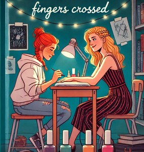Illustrated scene of two young women sitting across from each other at a small table in a cozy dorm room, one painting the other’s nails under a desk lamp. The red-haired woman with freckles wears a hoodie and jeans, focused on the manicure, while the blo