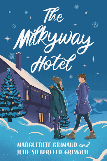 Illustrated cover depicting two women next to a building and Christmas trees, on a mountain background, at night, with stars in the sky.