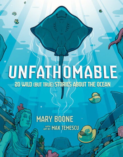 Cover of book with artwork of underwater statues, a stingray, and more