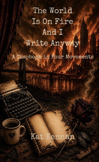 Book cover of The World Is on Fire, and I Write Anyway by Kat Kennan, a poetry collection.
