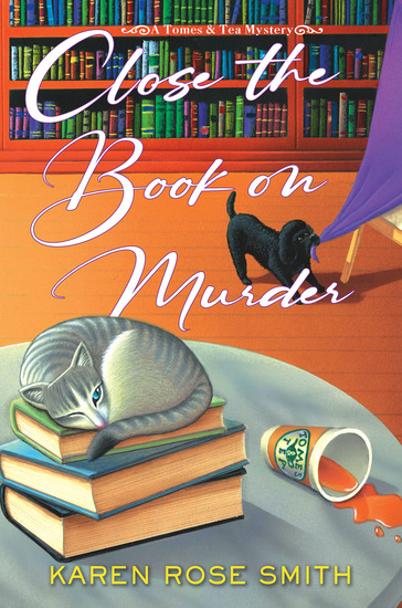Cover of cozy mystery Close The Book on Murder showing a cat perched on books, a poodle and a spilled paper cup of coffee. 