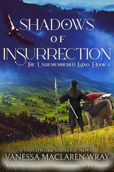A swordsman in dark clothing and with long dark hair stands beside a laden pack pony and looks out on a broad landscape of green meadows and tall snowcapped peaks while a condor soars overhead.
