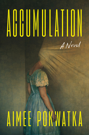 a woman whose head appears to be consumed by the wall of her house and the title: Accumulation