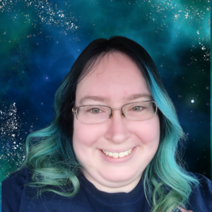 Head-shot of Katherine D Graham in front of a starry, space-themed background.