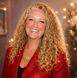 Heidi Richards Mooney Author Profile Photo Red Sparkly Jacket