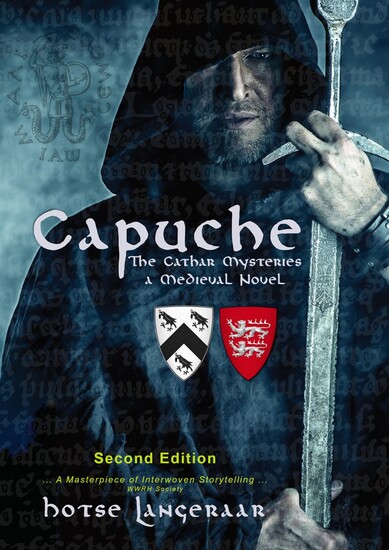 Front cover of book Capuche by Hotse Langeraar showing a hooded medieval knight holding a sword
