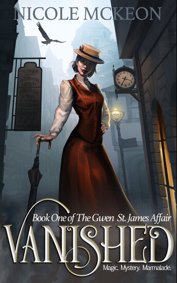 Book cover illustration of a victorian woman in a red walking outfit holding an umbrella and standing on a foggy street in the evening.