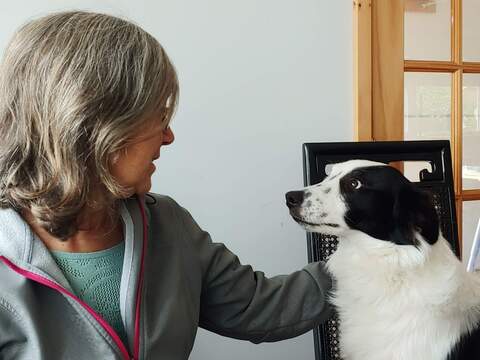 An image of author Robin Hobb, looking into the disappointed face of a black and white dog.