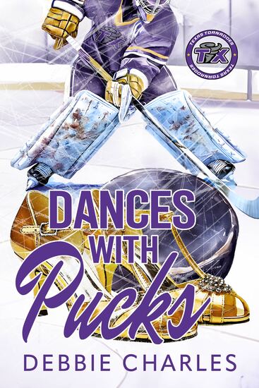 illustrated cover showing the purple and white jersey, leg pads and stick of a hockey goalie on a hockey rink with gold dance shoes at his feet and the title Dances With Pucks below, author's name Debbie Charles