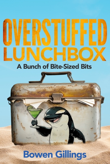 Rusted lunchbox on sand with image of happy orca holding a green martini