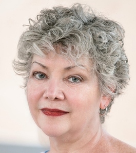 Woman with red lips and curly hair