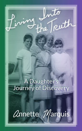 A lavender and green cover with a blurry family photo of two adults and two teanagers