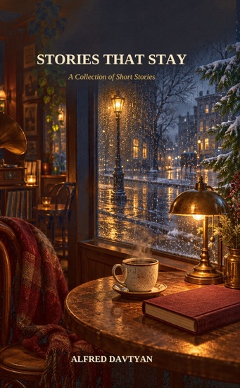 Book cover of Stories That Stay: A Collection of Short Stories by Alfred Davtyan, featuring a cozy café overlooking a snowy street.