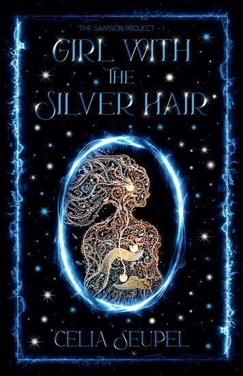 Book cover has a central picture of a girl crafted with living vines and silvery hair, all within a blue-white electric circle and a background of stars