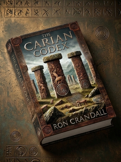 Book cover mock-up for The Carian Codex by Ron Crandall. The artwork features three heavily carved, ancient megalithic stone pillars in a rugged landscape, bordered by an ornate, dark metallic frame.