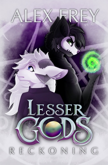 A cover of a book with two characters- one is a white deer-like figure with curled horns and blue eyes, the other is a cat-figure with white skull markings on his face and he is using green magic. The book title is Lesser Gods: Reckoning