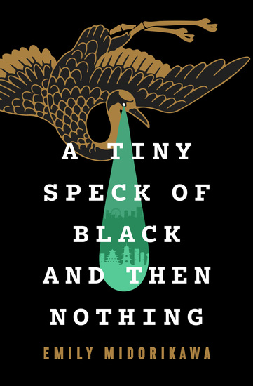 The cover features white and gold text on a black background and a central image golden crane in flight crying a teardrop of jade in which the viewer can see a reflection of the cityscape of Osaka.